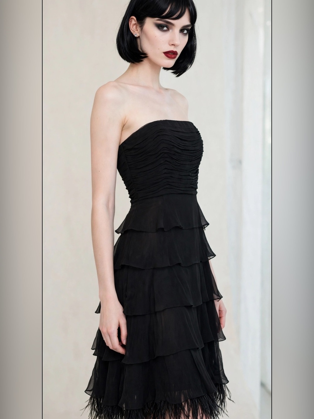 BCBGMaxAzria Black Strapless Tiered Cocktail Dress with Feather Trim